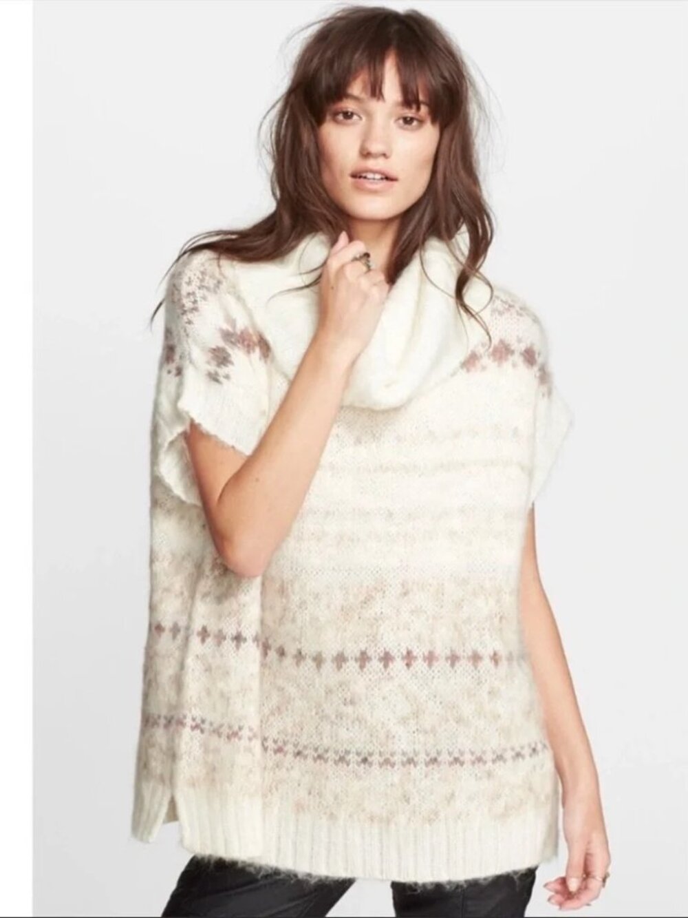 Free People Snow Bunny Sweater Vest Oversized Turtleneck Fair Isle